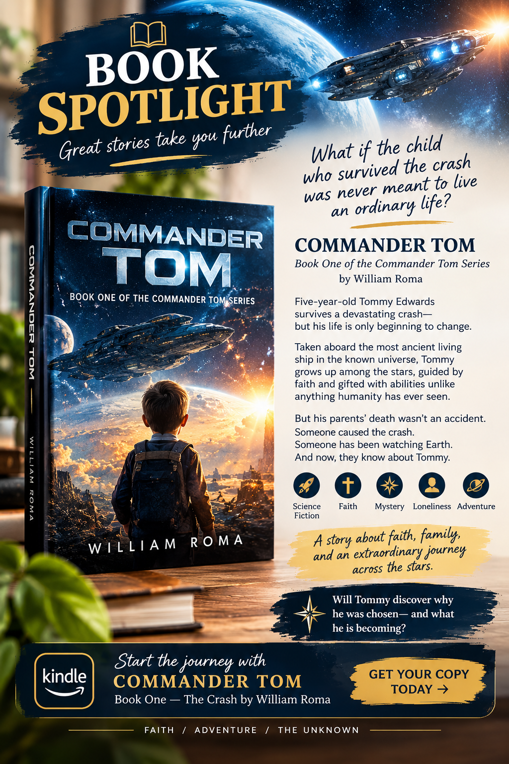 Commander Tom: The Crash — Book Spotlight promotional artwork. Get your copy today.